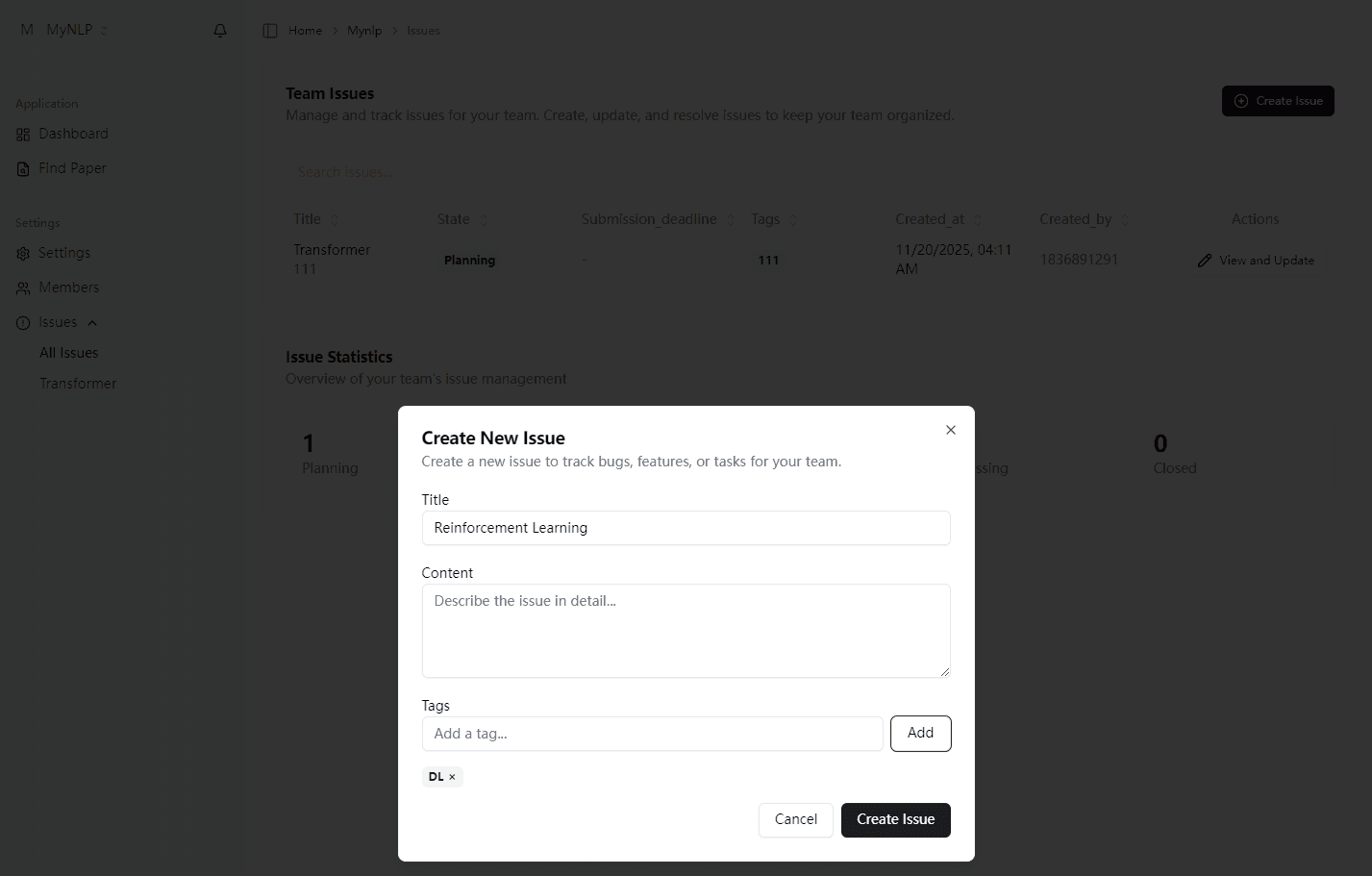 Create Issue Interface
