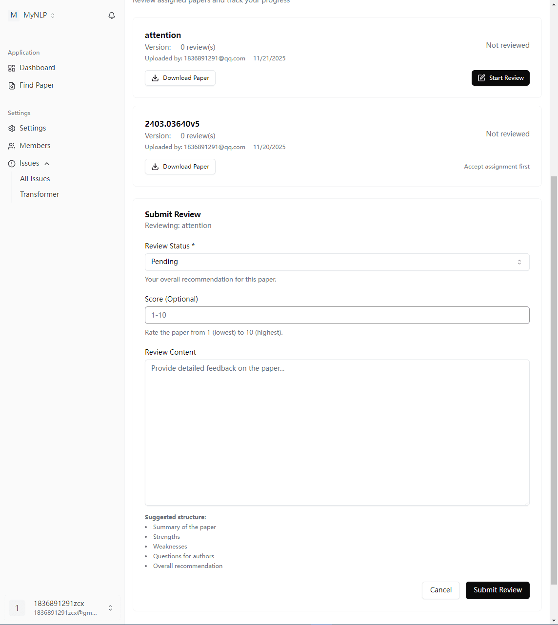 Review System Interface